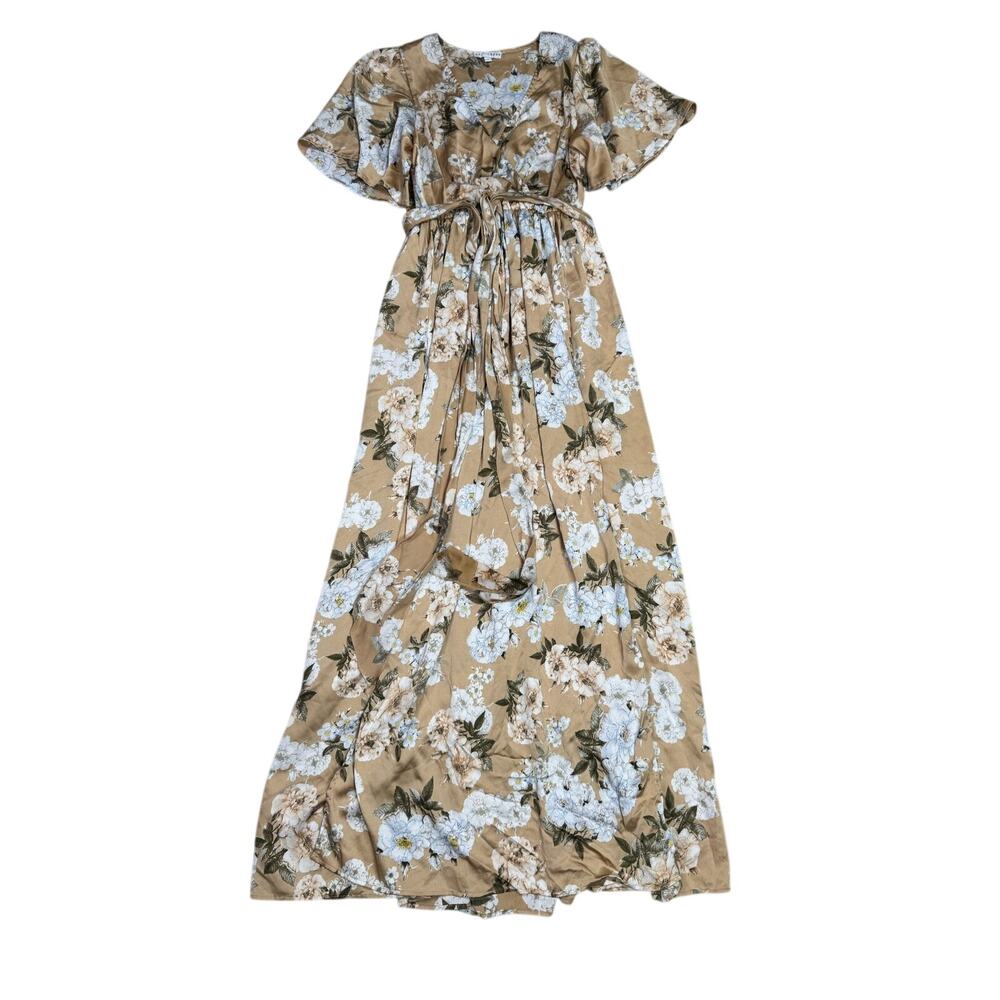 Baltic Born Floral Maxi Dress Size S Tan Gold Tie Waist Wrap Fall Wedding Guest